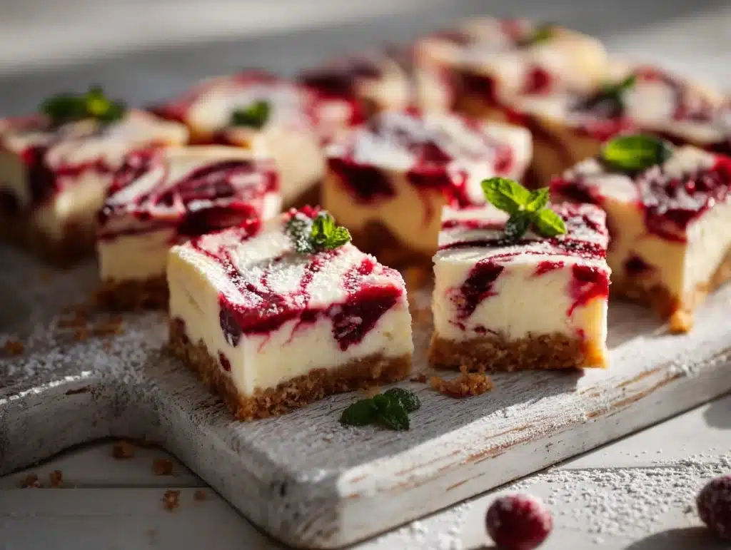 cranberry swirl cheesecake bars - featured image