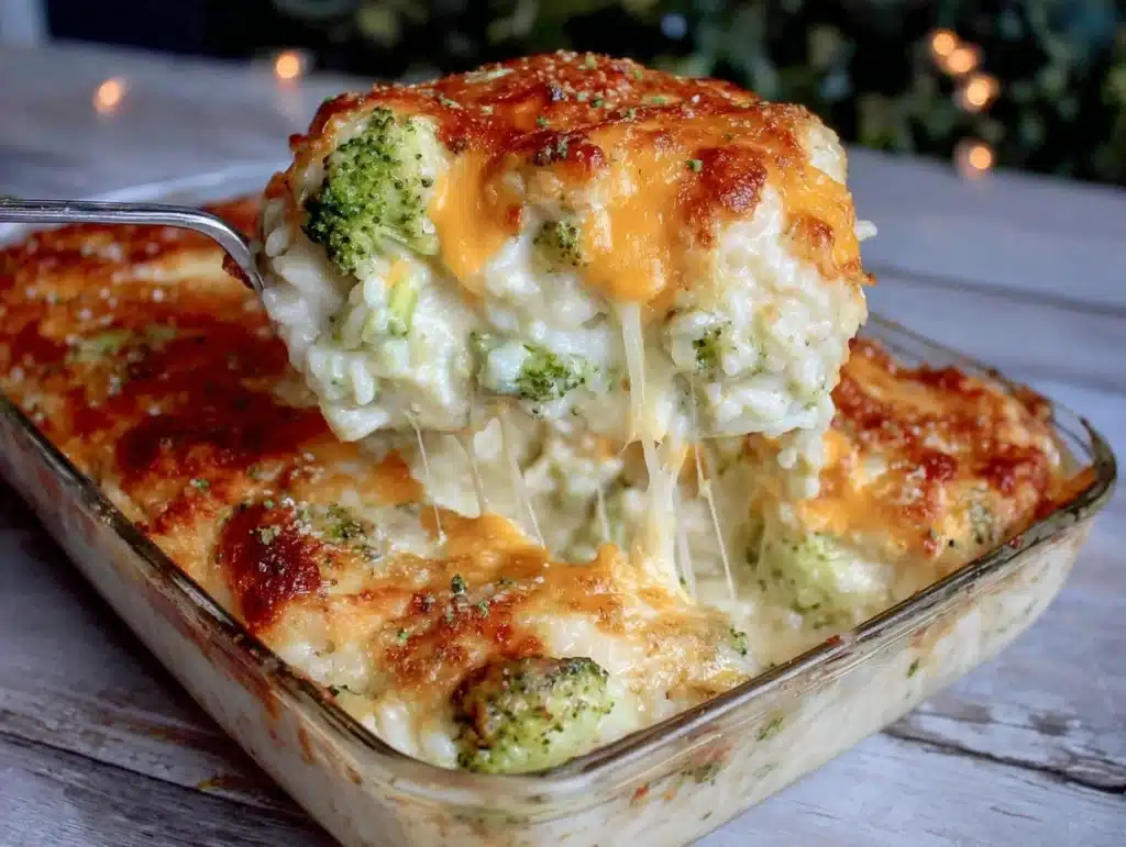 creamy cheesy broccoli rice casserole - featured image