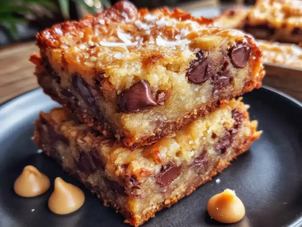 crispy coconut toffee chocolate chip cookie bars - featured image