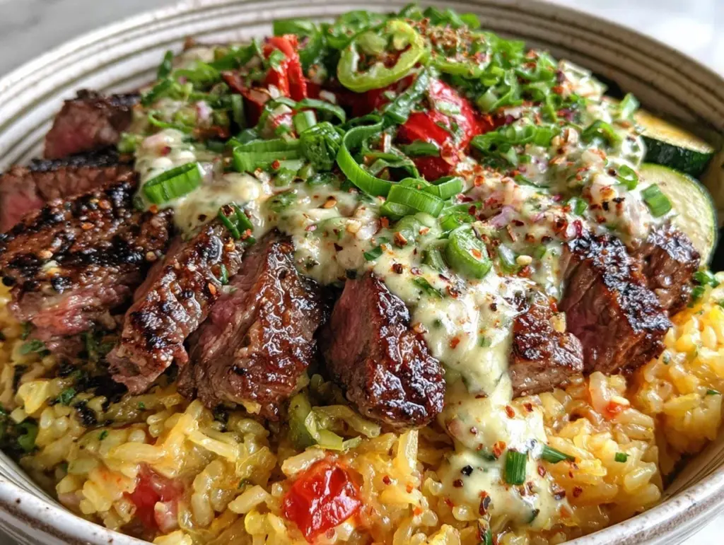 loaded steak queso rice bowl - featured image