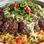 loaded steak queso rice bowl - featured image