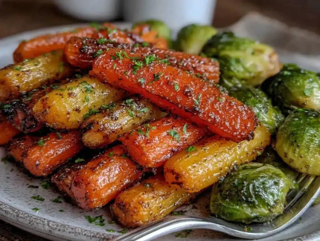 maple glazed carrots and brussel sprouts - featured image