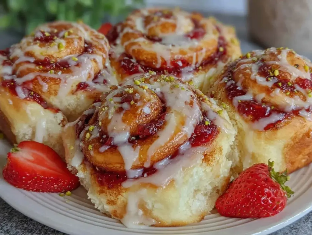 strawberry cheesecake cinnamon rolls - featured image