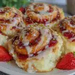strawberry cheesecake cinnamon rolls - featured image