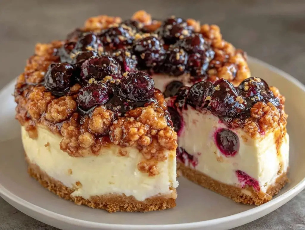creamy blueberry crumble cheesecake - featured image
