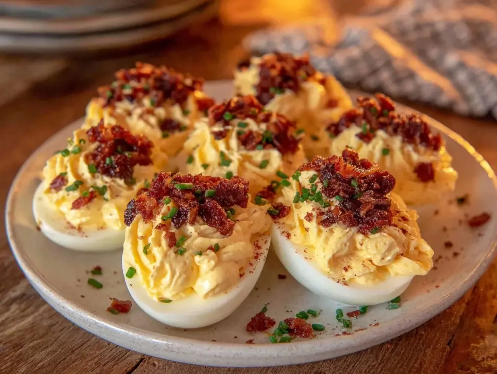 creamy deviled eggs with bacon crumbles - featured image