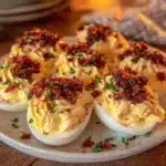 creamy deviled eggs with bacon crumbles - featured image