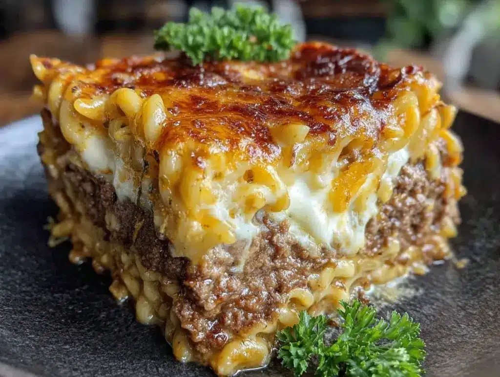 creamy mac and cheese meatloaf casserole - featured image