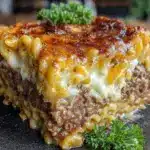 creamy mac and cheese meatloaf casserole - featured image