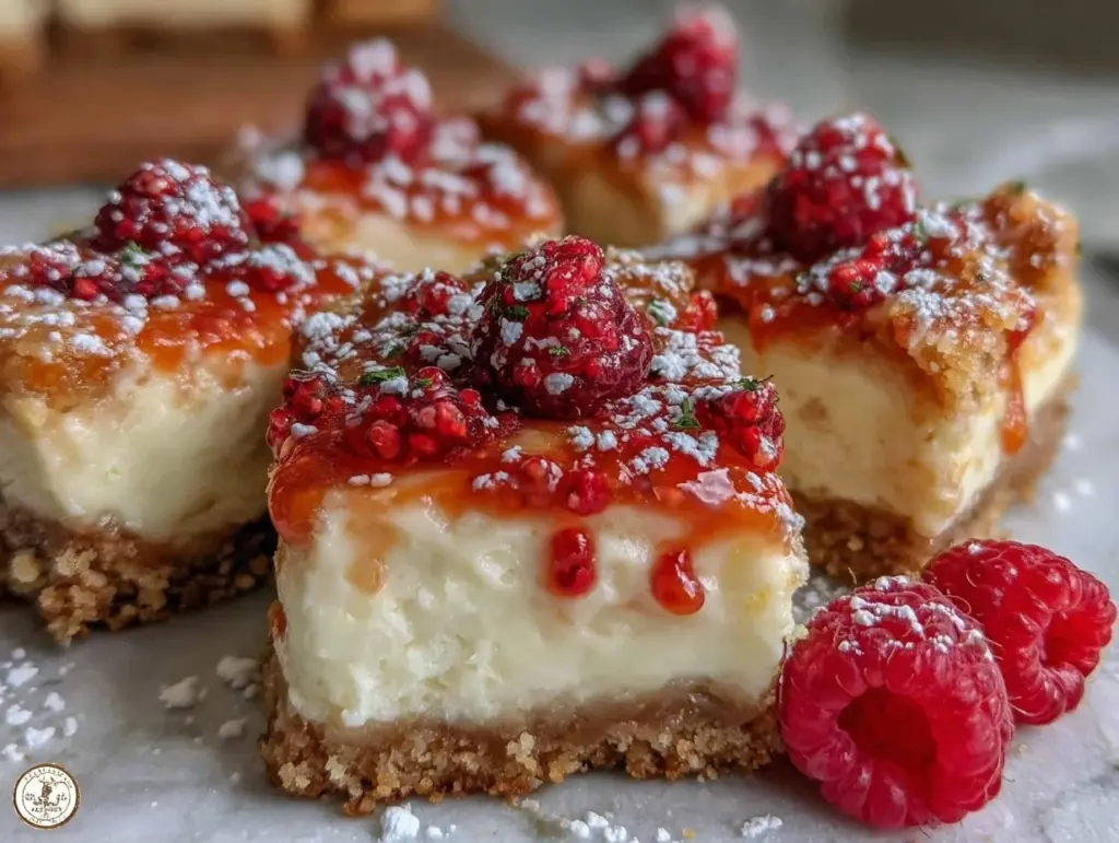 creamy raspberry cheesecake bars - featured image