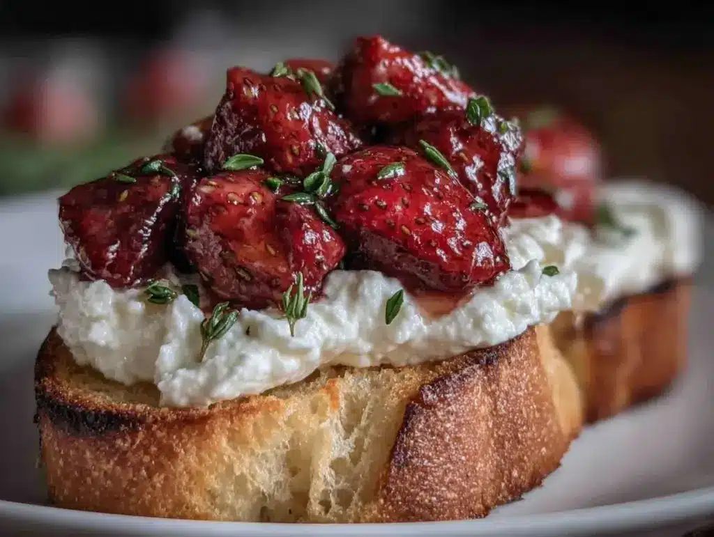 creamy roasted strawberry whipped ricotta toast - featured image