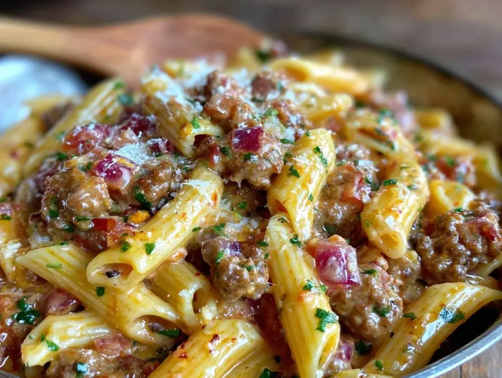 creamy rotel pasta with ground beef - featured image