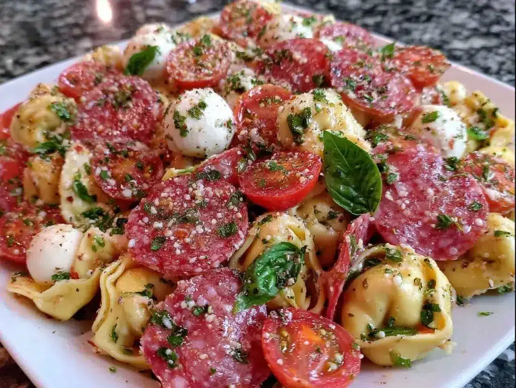 creamy salami mozzarella tortellini pasta salad - featured image