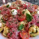 creamy salami mozzarella tortellini pasta salad - featured image