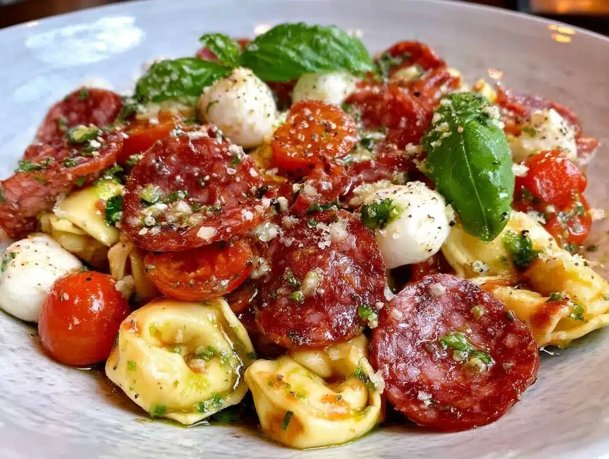 creamy salami mozzarella tortellini pasta salad preparation steps