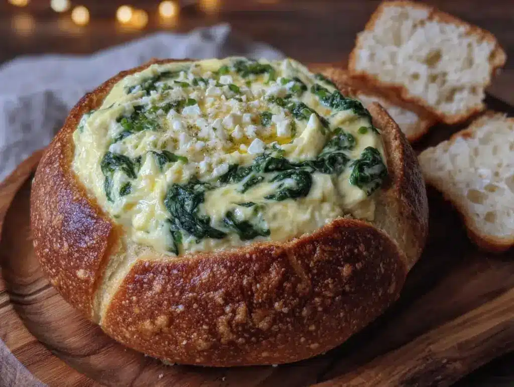 creamy spinach dip in hawaiian bread bowl - featured image