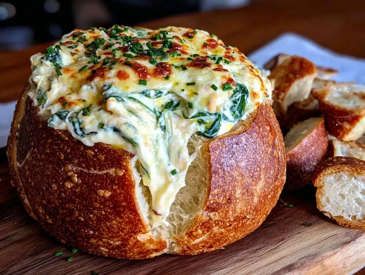 creamy spinach dip in hawaiian bread bowl preparation steps