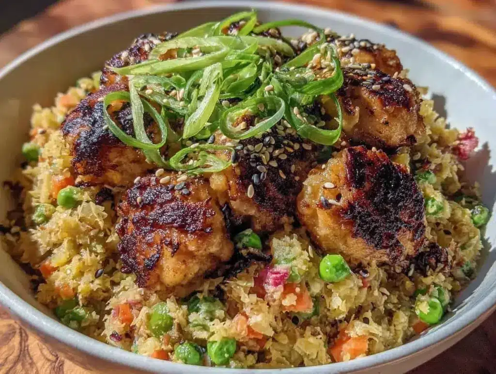 crispy cauliflower fried rice with chicken - featured image