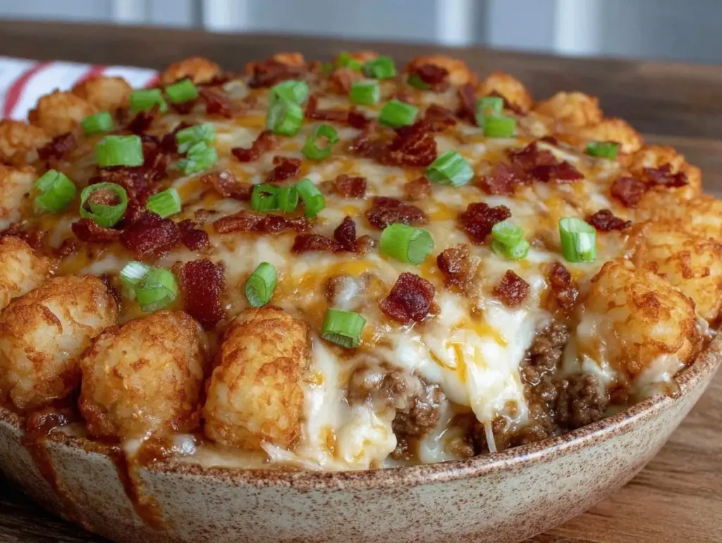 crispy loaded tater tot casserole with ground beef - featured image