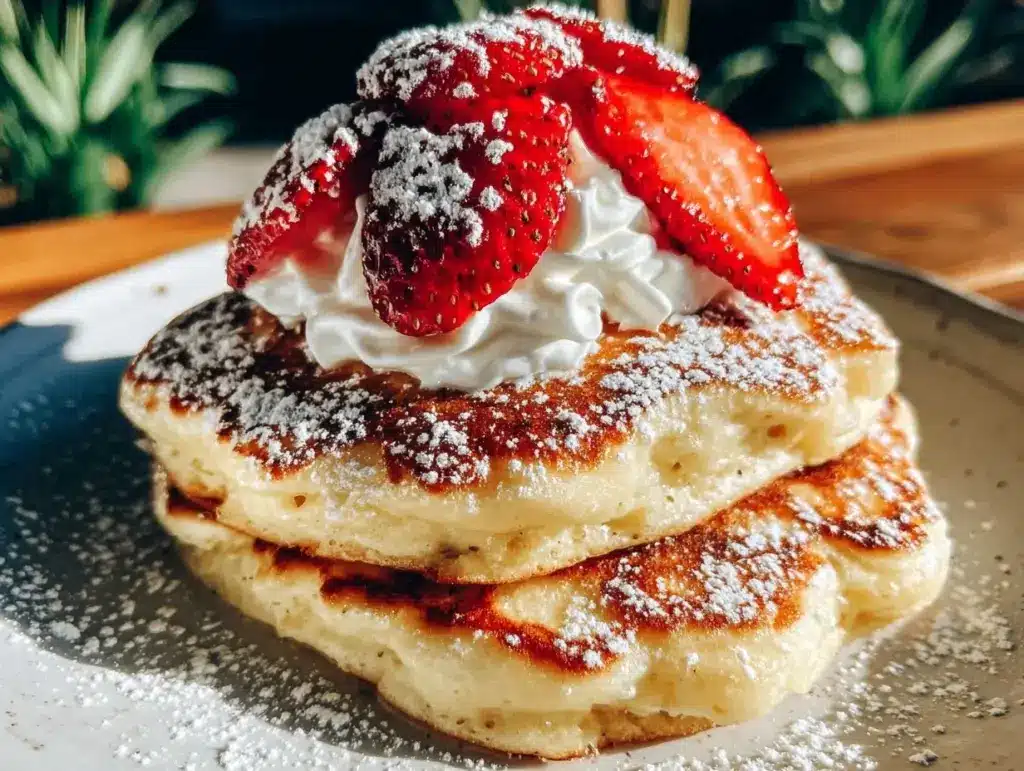 fluffy strawberry rose pancakes - featured image