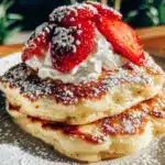 fluffy strawberry rose pancakes - featured image