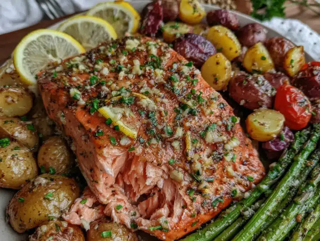 lemon garlic salmon sheet pan dinner - featured image