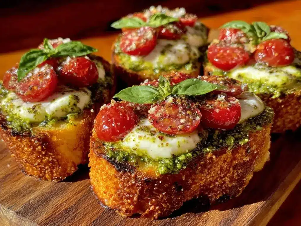 bruschetta with pesto and fresh mozzarella - featured image