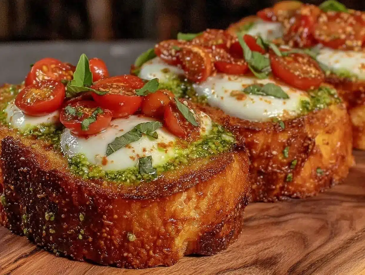 bruschetta with pesto and fresh mozzarella preparation steps