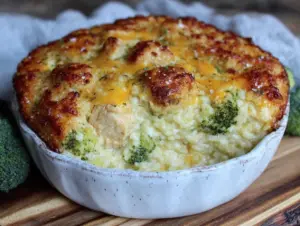 cheesy chicken broccoli rice casserole - featured image