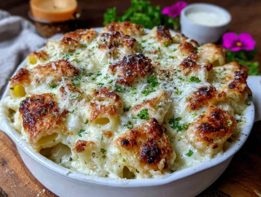 creamy chicken alfredo baked rigatoni - featured image