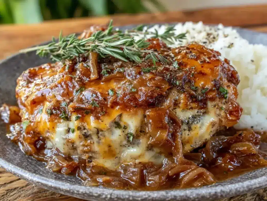 creamy crockpot french onion chicken - featured image