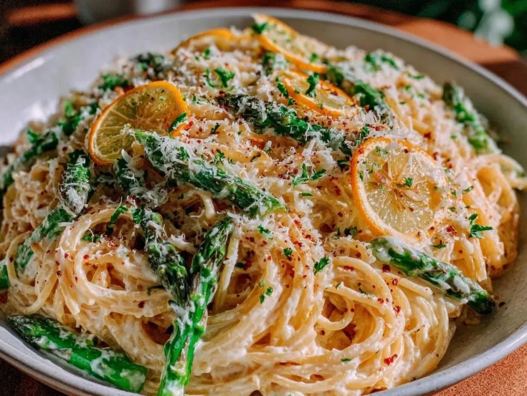 creamy lemon asparagus pasta - featured image