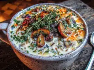 creamy mushroom and wild rice soup - featured image