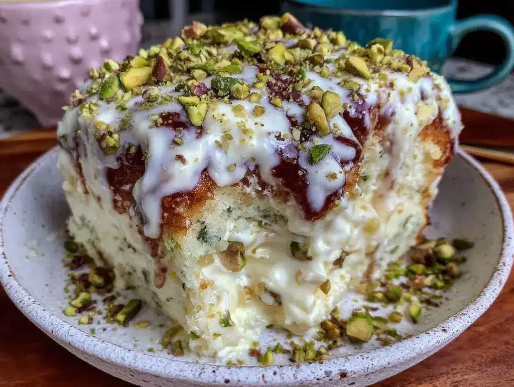 creamy pistachio pudding poke cake - featured image