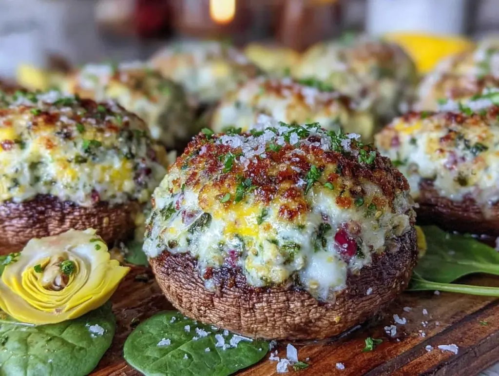 creamy spinach artichoke stuffed mushrooms - featured image