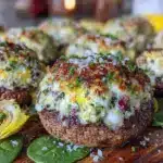 creamy spinach artichoke stuffed mushrooms - featured image