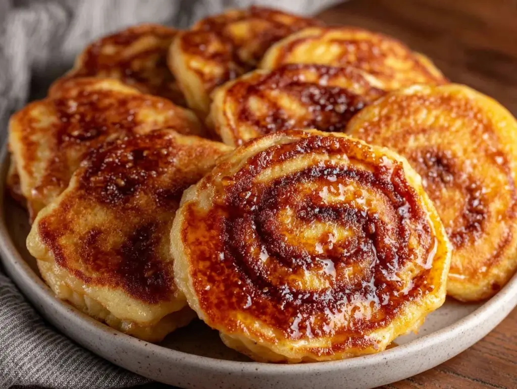 crispy brown butter cinnamon roll sheet pan pancakes - featured image