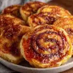 crispy brown butter cinnamon roll sheet pan pancakes - featured image