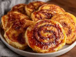 crispy brown butter cinnamon roll sheet pan pancakes - featured image