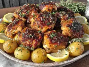 crispy lemon herb roasted chicken thighs - featured image