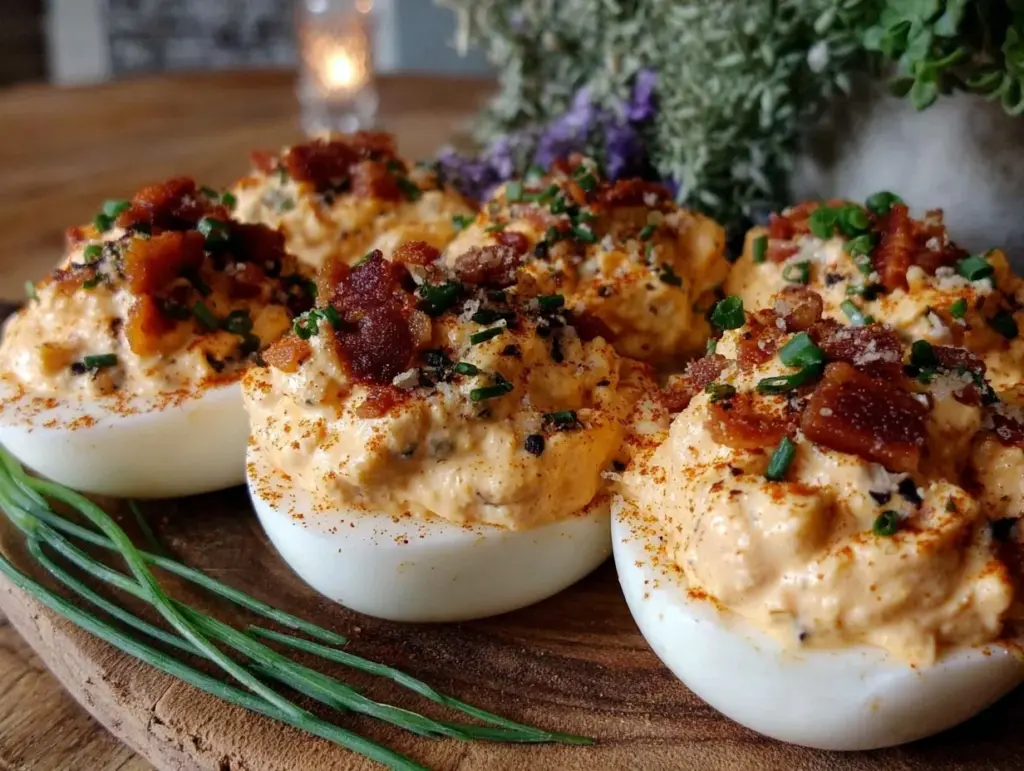 deviled eggs with bacon and chives - featured image