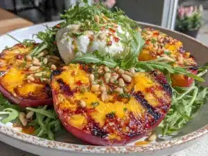 fresh grilled peach and burrata salad - featured image