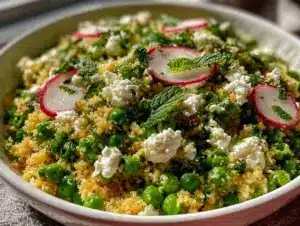 fresh spring pea and feta couscous salad - featured image