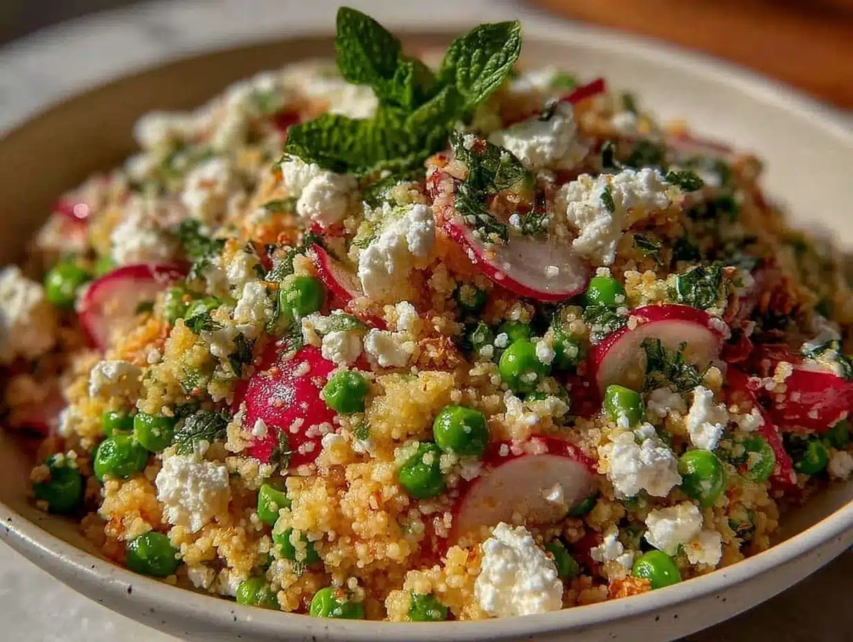 fresh spring pea and feta couscous salad preparation steps