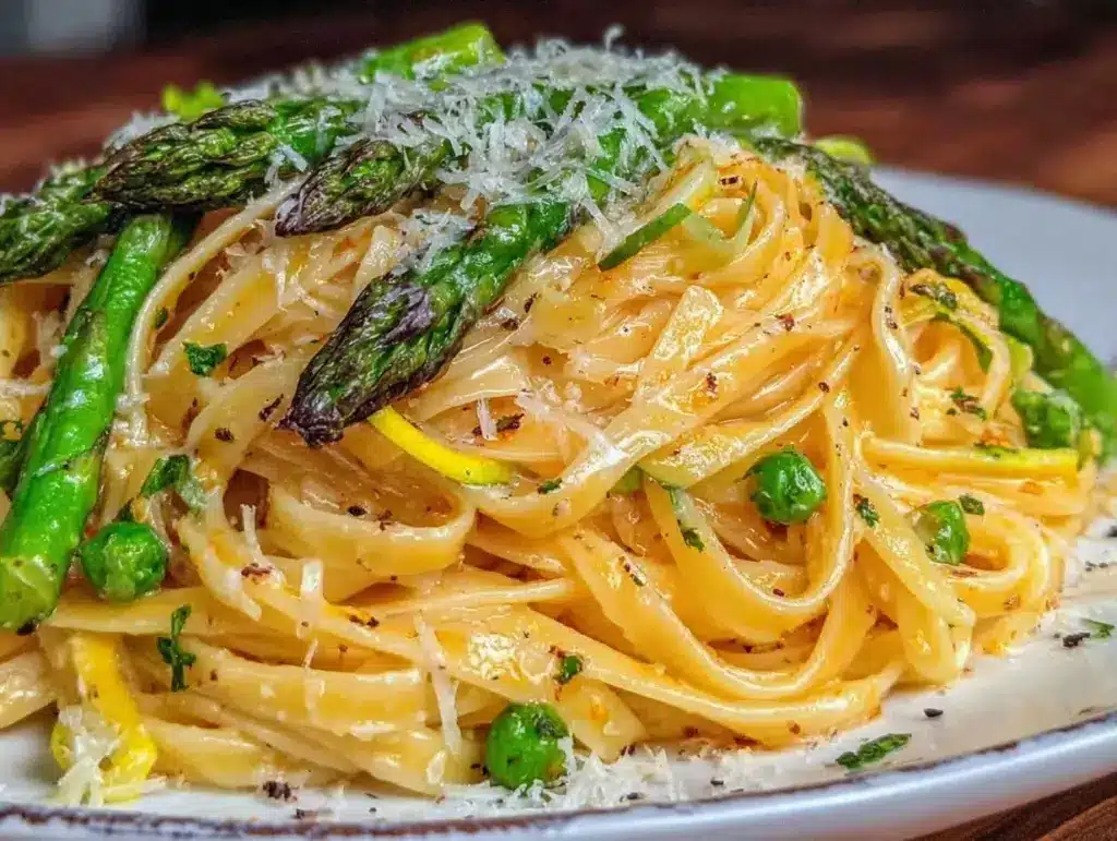 garlic butter spring vegetable pasta - featured image