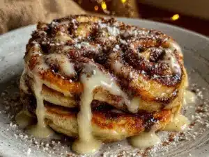 heart-shaped cinnamon roll pancakes - featured image