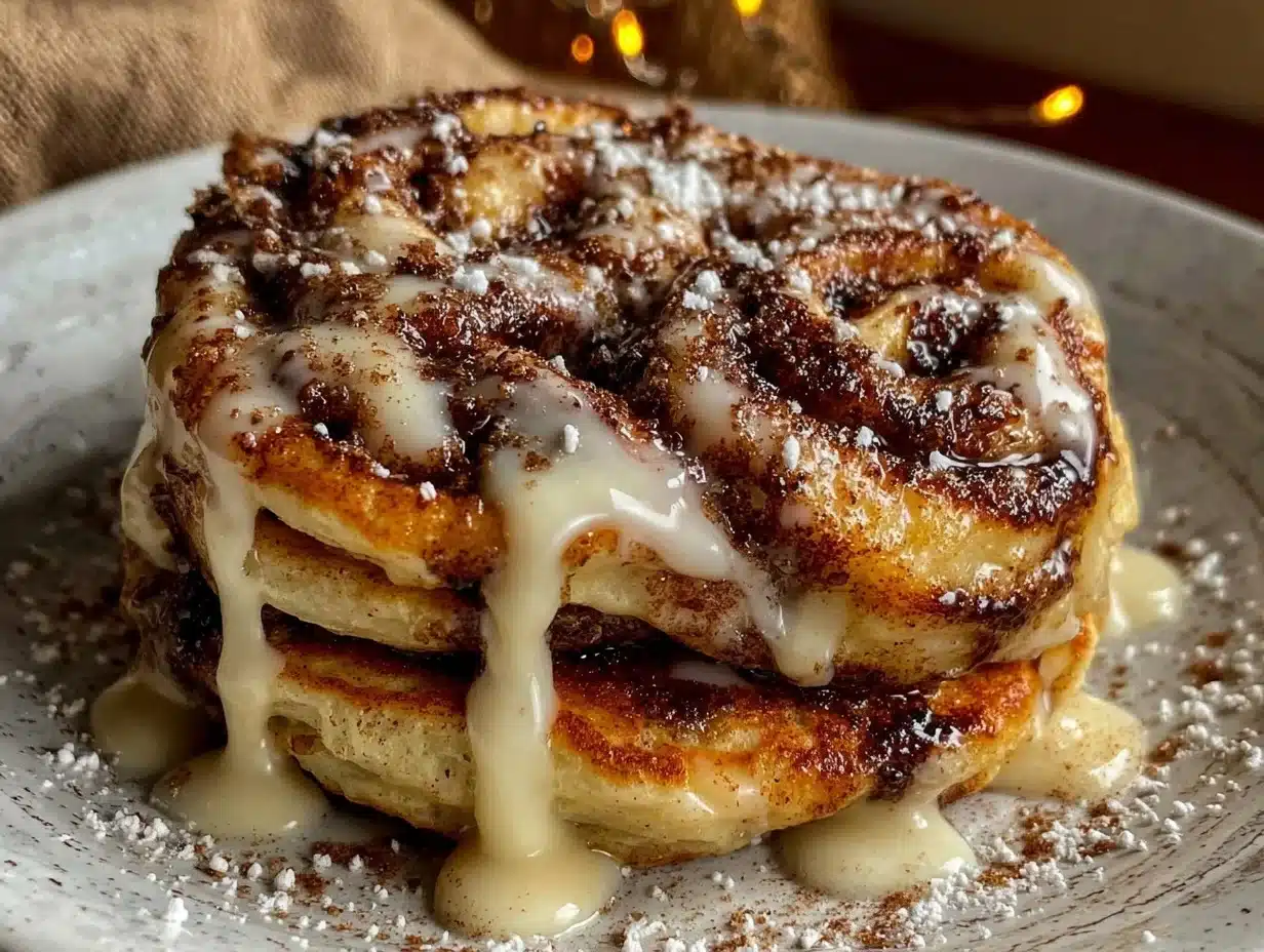 heart-shaped cinnamon roll pancakes - featured image