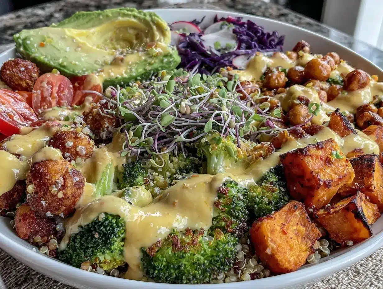 fresh plant based buddha bowl preparation steps