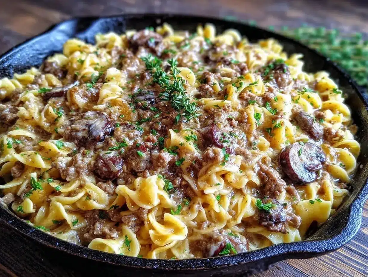 hamburger meat stroganoff skillet preparation steps