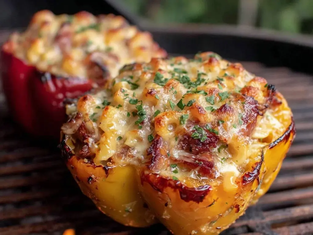 smoked brisket mac and cheese stuffed peppers - featured image